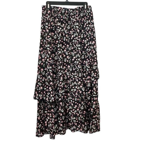 BTBFM Floral Ditsy Tiered Pull On Elastic Waistband Black Pink Maxi Skirt Size L - Picture 1 of 4